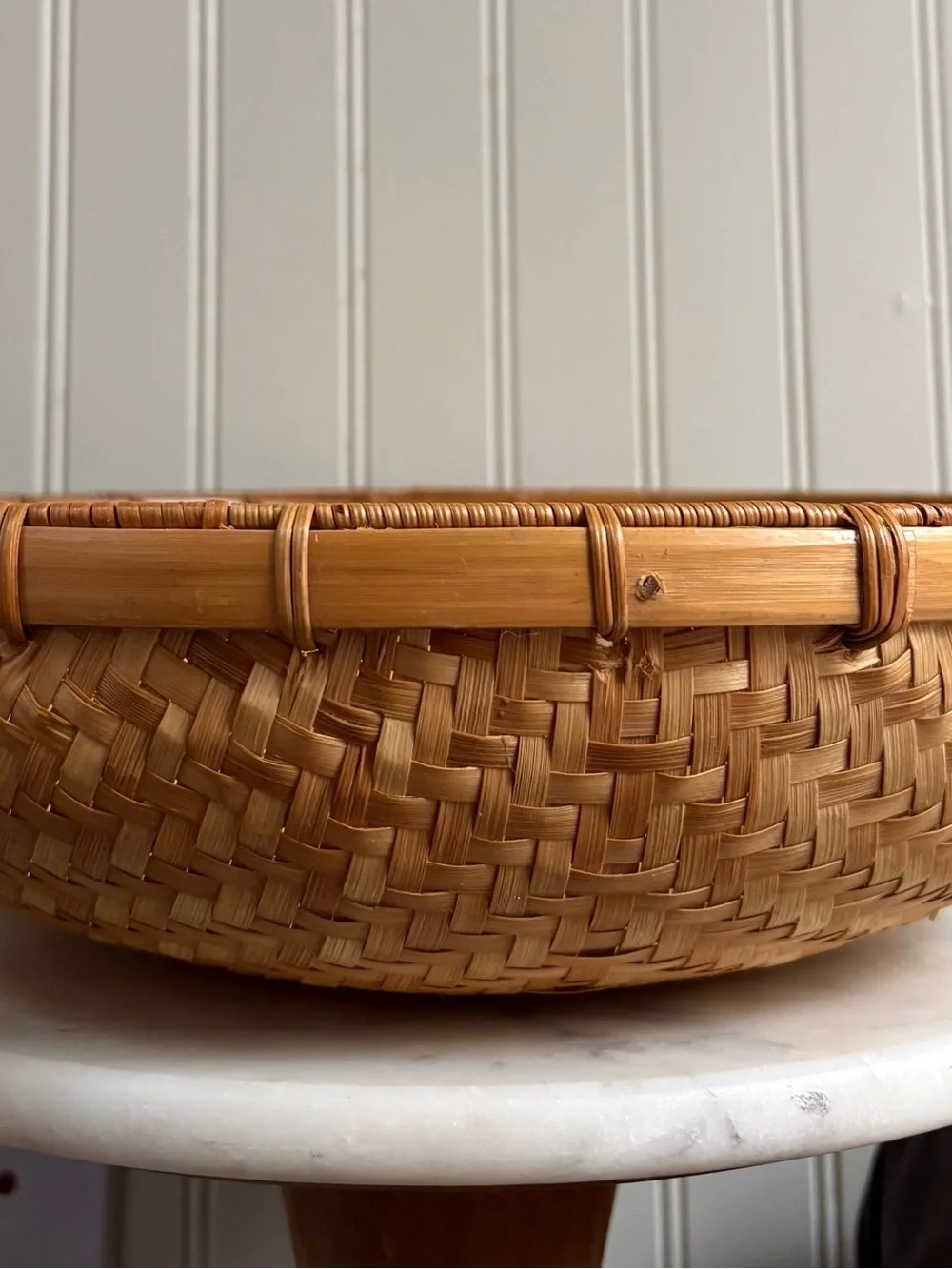 Vintage Handwoven Bamboo 13” Winnowing Basket Brown/Tan VTG Boho Bohemian Rustic